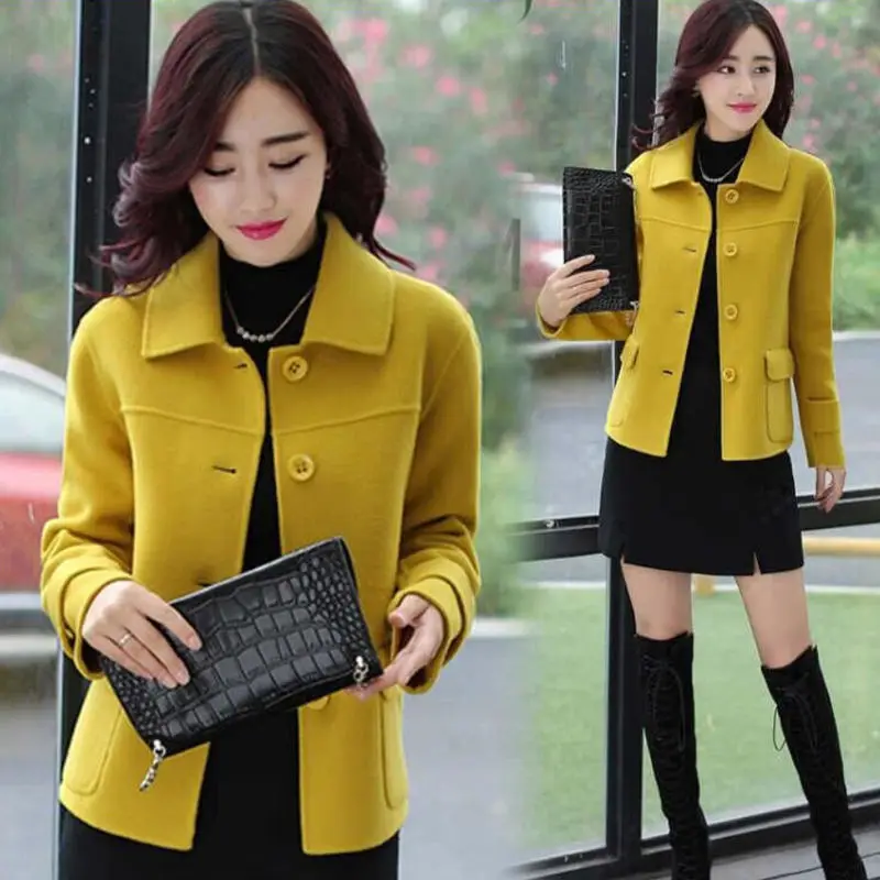 

Blended Woolen Coat Fashion Spring Autumn Women's Wool Jacket Short Single-breasted Yellow Female Outwear Tops Mother Dress W25