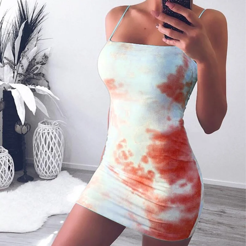 Fashion Strap Tie Dye Summer Dress Women Drawstring Patchwork Bodycon Club Party Dress Sundress Sexy Dresses