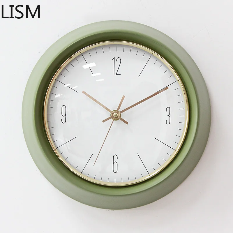 

Silent Hanging Clock Simple Green Color Round Clock Decorative Metal Frame Nordic Clock Living Room Bedroom Clock Wall