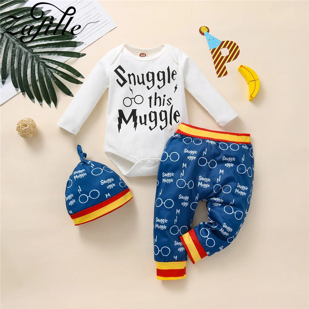 ZAFILLE 2023 Newest Winter Baby Costume For Boy Letter Bodysuit Romper+Print Pants+Hat 3pcs Newborn Clothes 0-9 Months Boy Sets