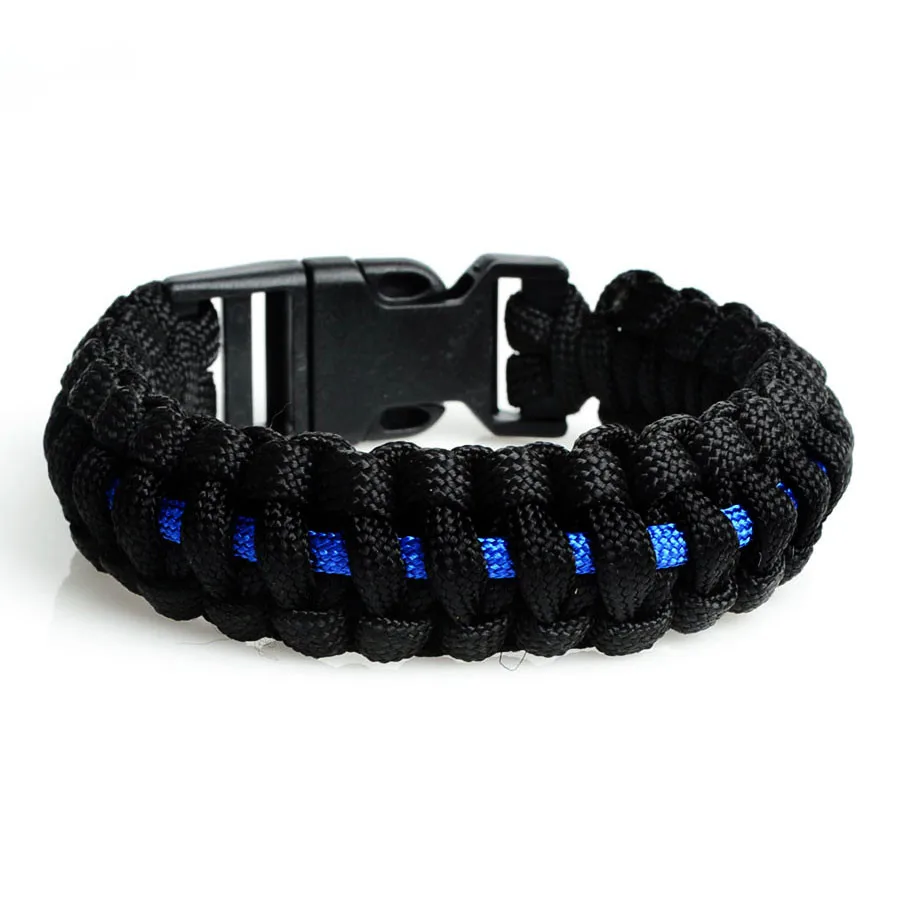 Outdoor Travel Camping Thin Blue Line Black Braided Cobra Weave Plastic Buckle 7 Core Paracord Survival Bracelet Police