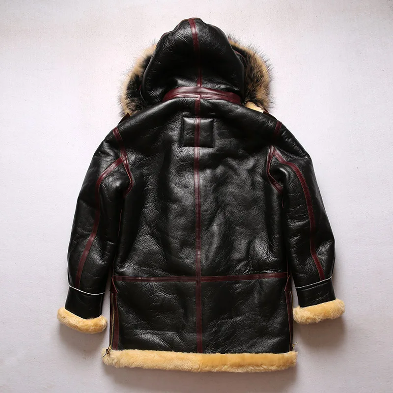 B7 Avfly European Size High Quality Super Warm Genuine Sheep Leather Coat Mens Big B3 Shearling Bomber Military Fur Jacket