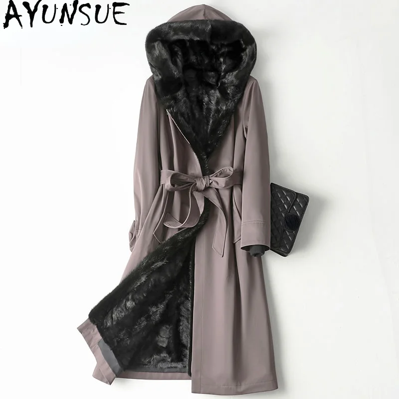 

AYUNSUE Women's Winter Parkas 2021 Autumn Elegant Hooded Real Mink Fur Liner Jackets Women Warm Fur Coat Casaco Feminino Gxy491