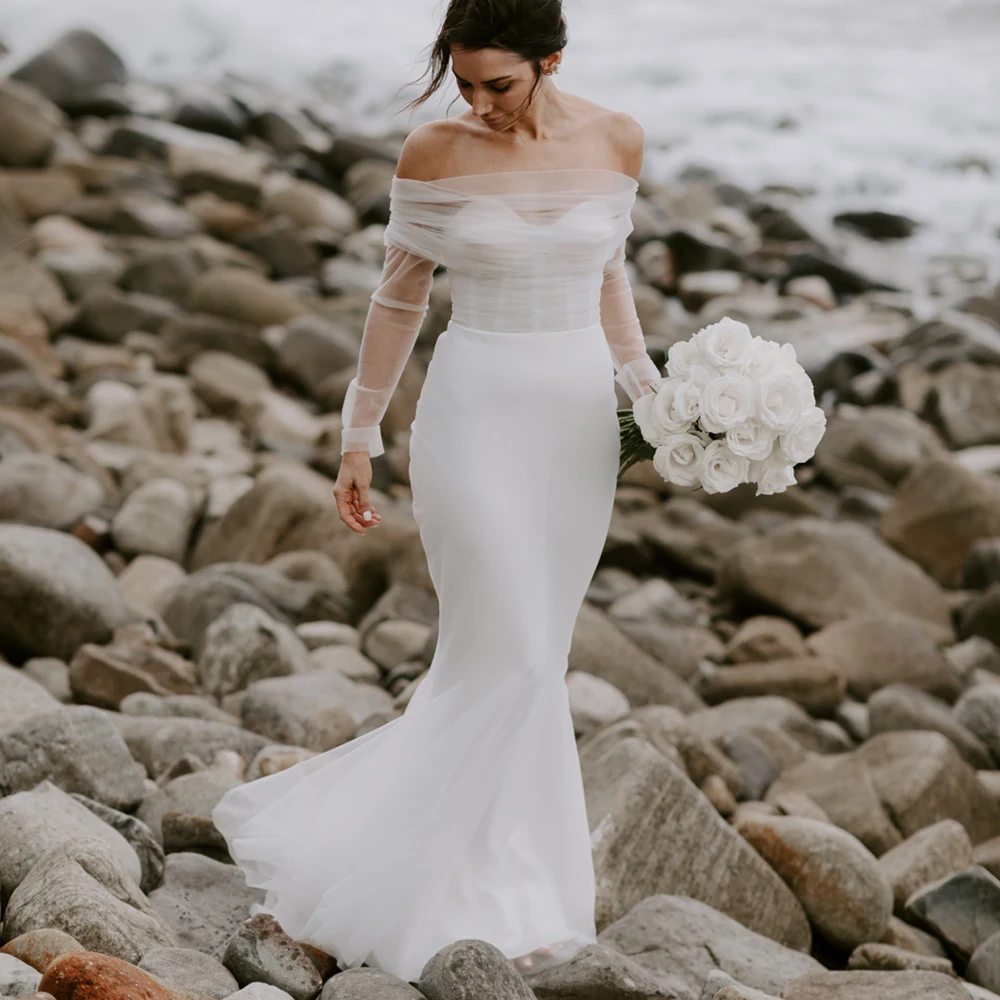 Vestido de novia plisado de sirena, largo, transparente, de tul, sin hombros, con cremallera, corte bajo, sencillo, para playa, Micro vestido de boda, 2021