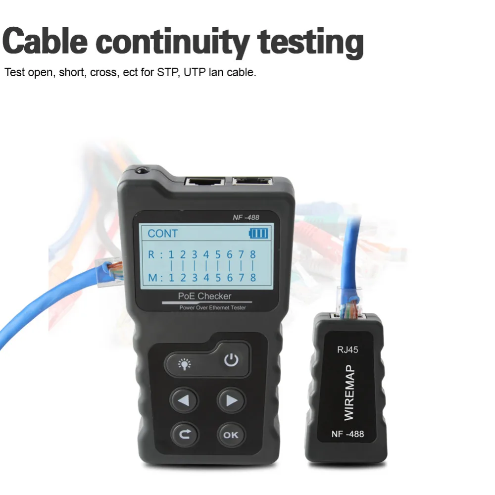 Noyafa-probador de Cable de red LCD, prueba Lan, comprobador PoE NF-488, probador de corriente de voltaje PoE en línea con rastreador de Cable Ethernet
