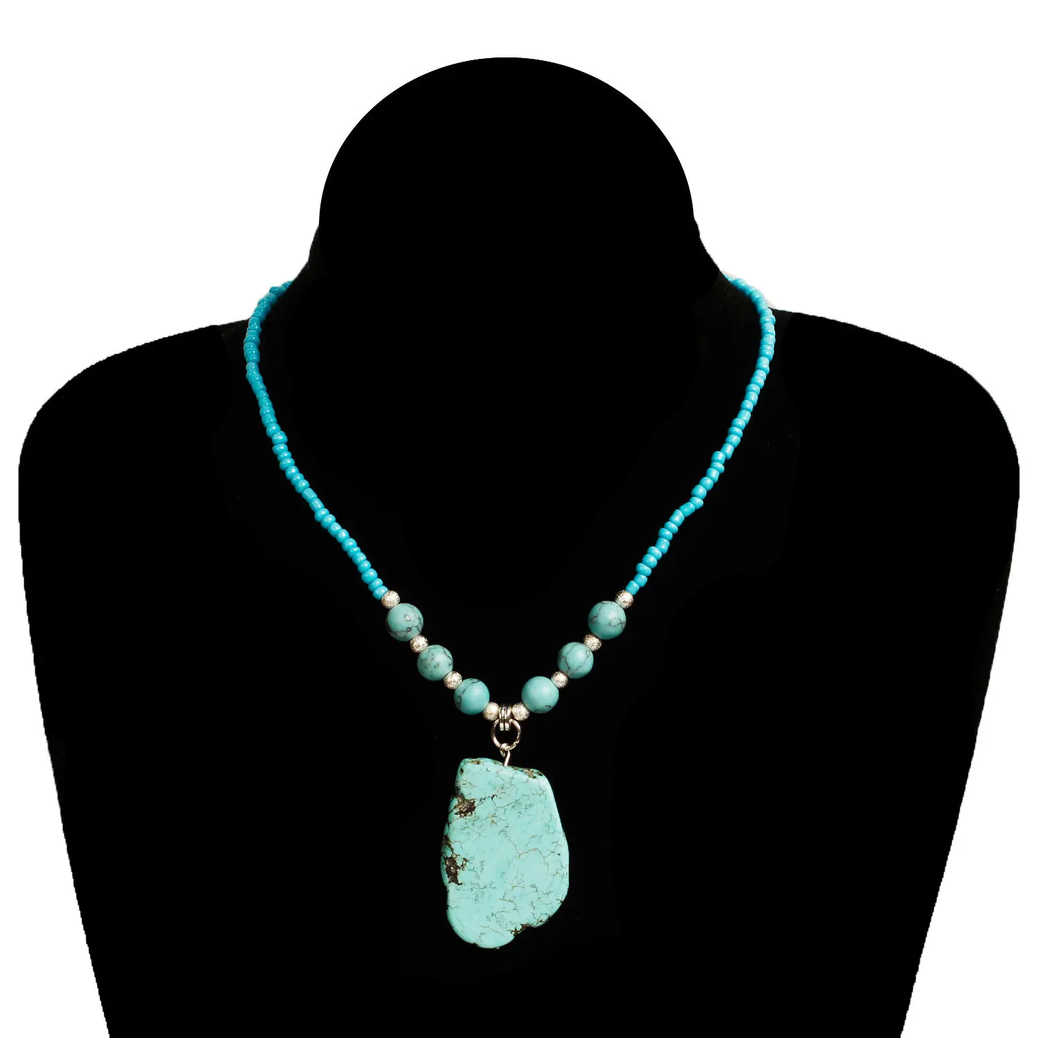 Big Turquoises Pendant Turquoises Rosary Beaded Long Necklaces Boho Jewelry