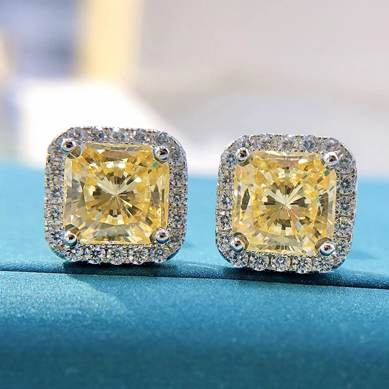 OEVAS 100% 925 Sterling Silver 7*7mm Pink Yellow High Carbon Diamond Stud Earrings For Women Sparkling Wedding Fine Jewelry Gift