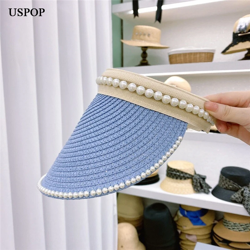 USPOP 2021 New Summer Sun Hats Women Pearl Straw Beach Hats Sun Visor without Crown