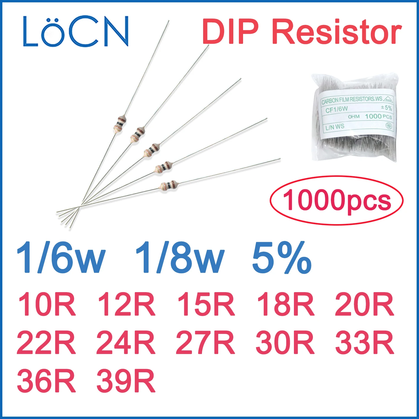 1000pcs 5% 1/6W 1/8W Carbon Film Resistor DIP 10R 12R 15R 18R 20R 22R 24R 27R 30R 33R 36R 39R OHM color ring 1R~2M LoCN