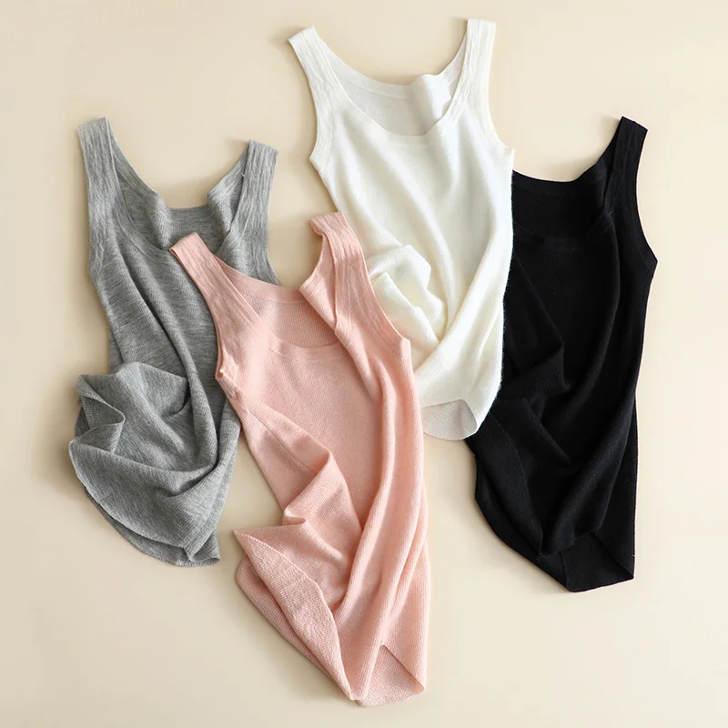 Vest Women 100% Cashmere  Tank Summer Vest Blouse Female Casual Camisole Silk Tank Top Sexy Lace 4 Colors Basic Fashion