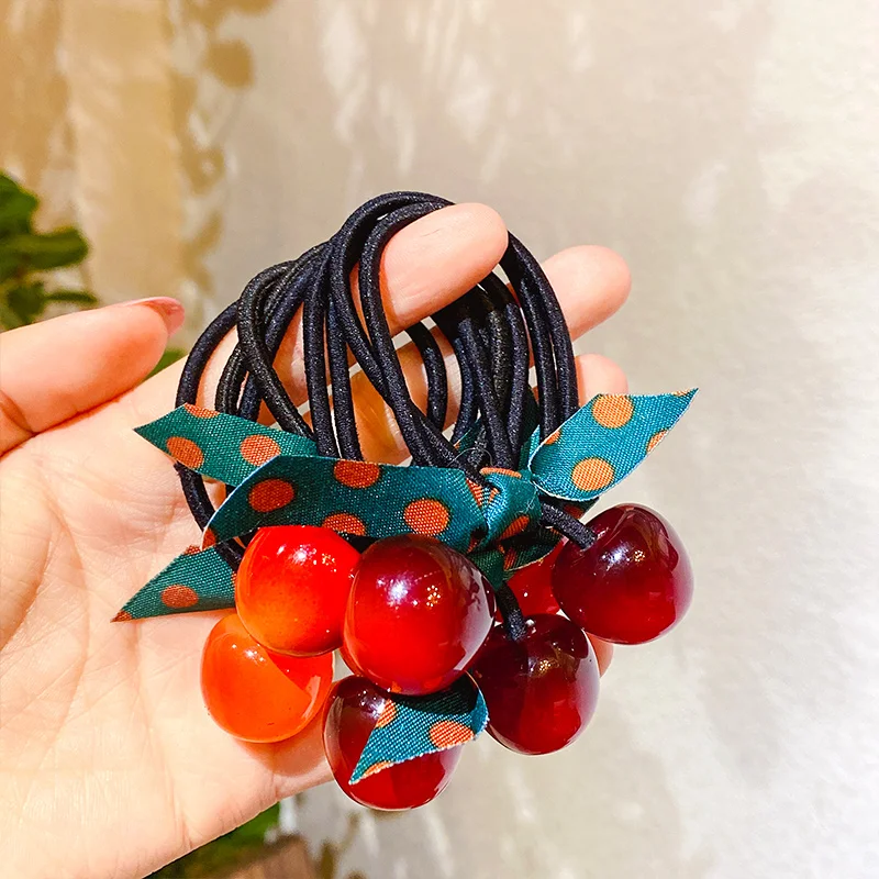 2 Pcs/Set Women Girls Cute Sweet Cherry Strawberry Bow Scrunchies Rubber Bands Lady Lovely Hair Bands Female Hair Accessories