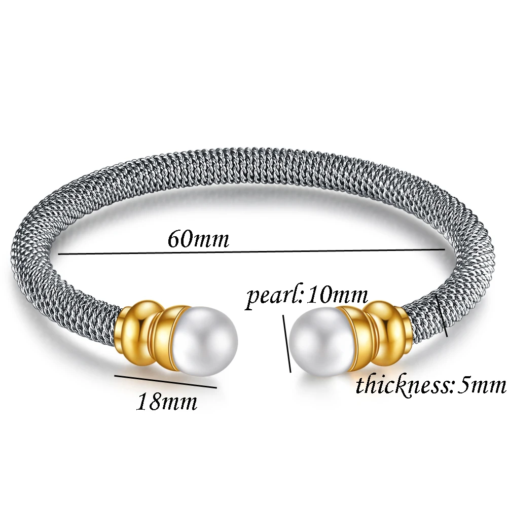 New Products Stainless Steel Fashion Jewelry Twisted Line C Type Adjustable Size Bangles, Pearl Bracelets For Women