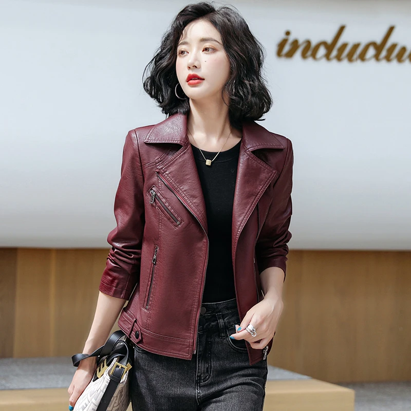 New Women Classic Leather Coat Spring Autumn 2024 Fashion Suit Collar Slim Short Sheepskin Outerwear Biker Leather Jacket Female