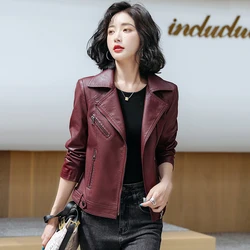 Mới mẻ Phụ nữ Cổ điển Áo khoác da Mùa xuân mùa thu 2022 Thời trang Suit Collar Màu rắn Mảnh khảnh Ngắn Áo khoác ngoài bằng da cừu Áo khoác da biker