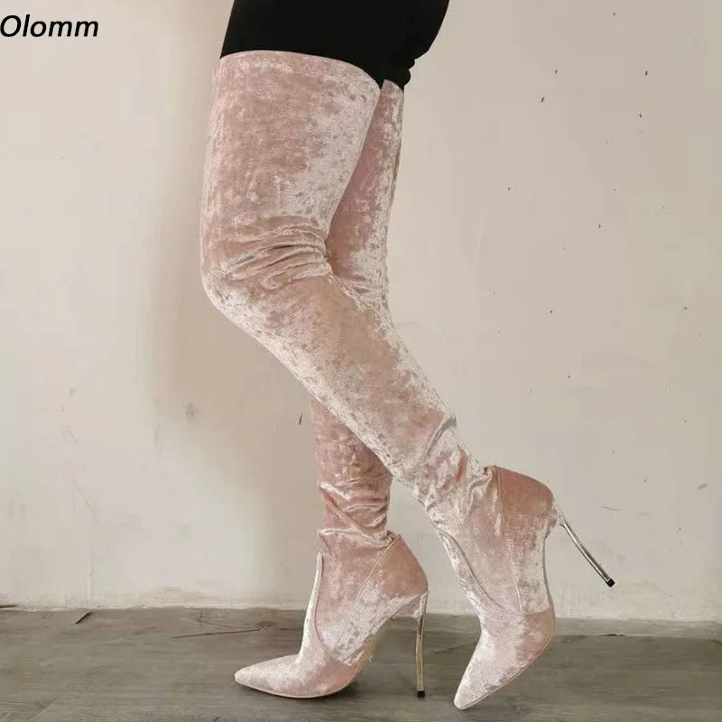 Olomm 2022 Handmade Women Spring Thigh Boots Slip On Sexy Metal Heels Pointed Toe Pretty Camel Party Shoes Ladies Plus Size 5-15