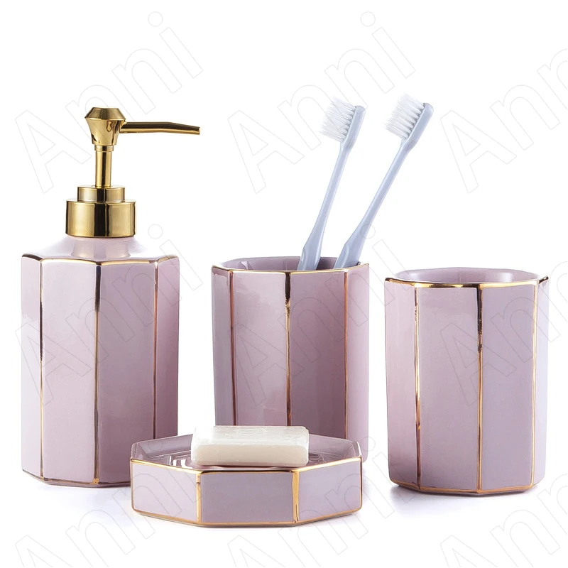 Creativity Geometric Ceramic Bathroom Accessories Set Nordic Modern Color Glaze Golden Stroke Pink Four-piece Shower Accessories