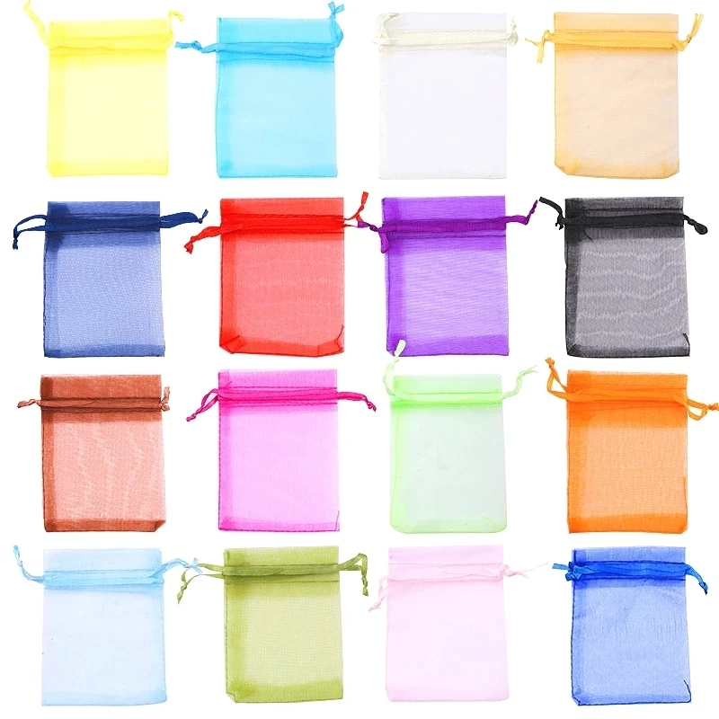 50pcs/lot 5*7 7*9 9*12cm Colorful Organza Bags Drawstring Jewelry Pouches Jewelry Packaging Bags Wedding Gift Bags colors