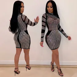 여성 드레스 섹시한 클럽 스팽글 반짝이 다이아몬드 드레스 Vestido 숙녀 드레스 붕대 페이즐리 크리스탈 파티 Bodycon 미니 드레스