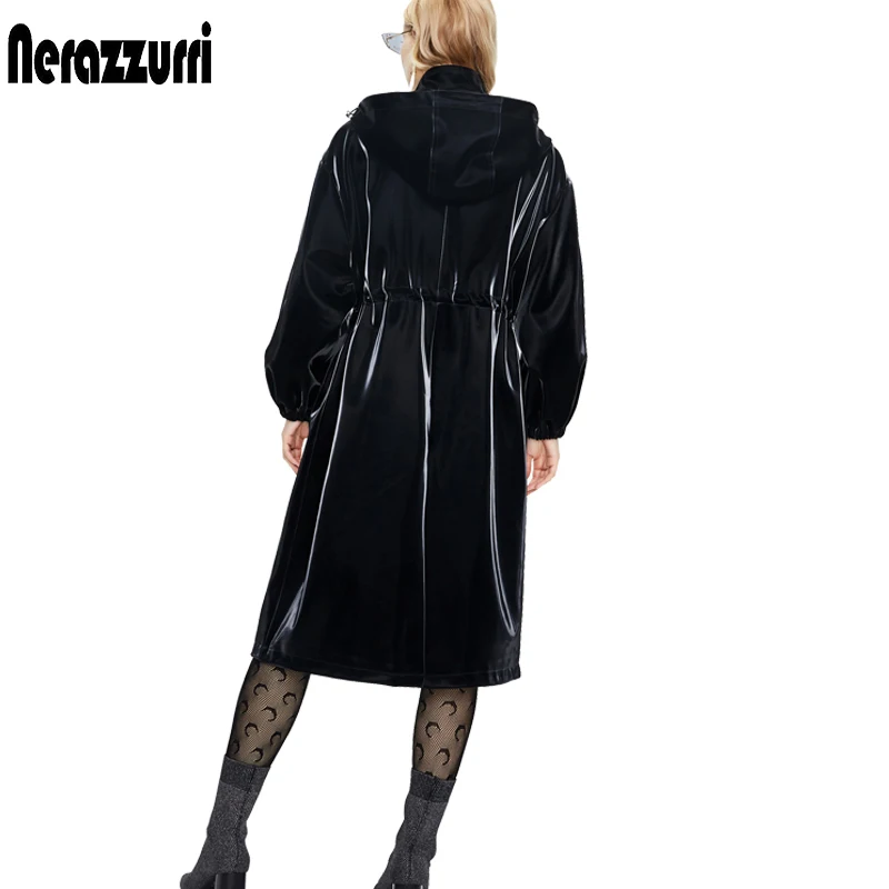 Nerazzurri Long black warm oversized shiny patent leather trench coat for women long sleeve Zip up fall fashion 2023 Windbreaker