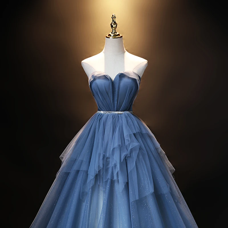 AnXin SH Vintage blaue Spitze glitzerndes Spaghettiträger ärmelloses Ballkleid Prinzessin Party Host Rüschen maßgeschneidertes Abendkleid