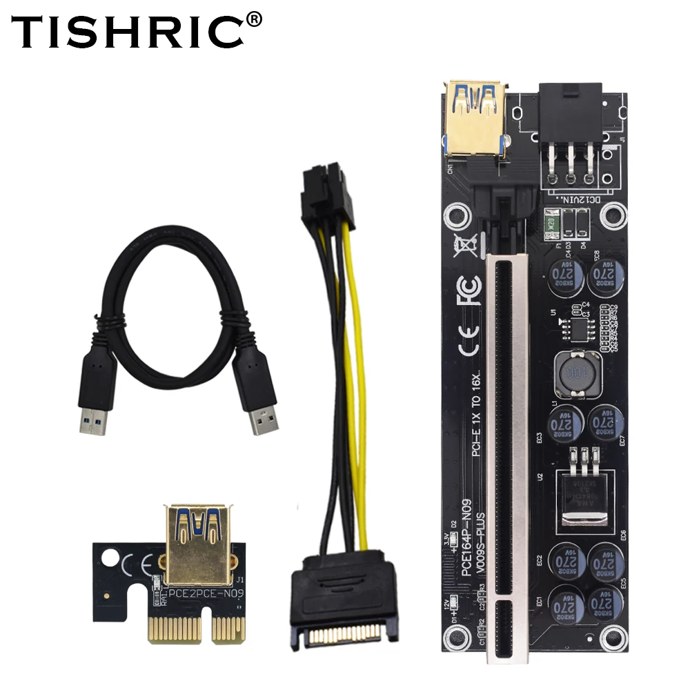 100Pcs Newest VER009s Plus PCIE Riser Card Ver 009S Sata 15 Pin to 6 Pin Express 1X 4X 8X 16X Adapter Extender Mining Miner