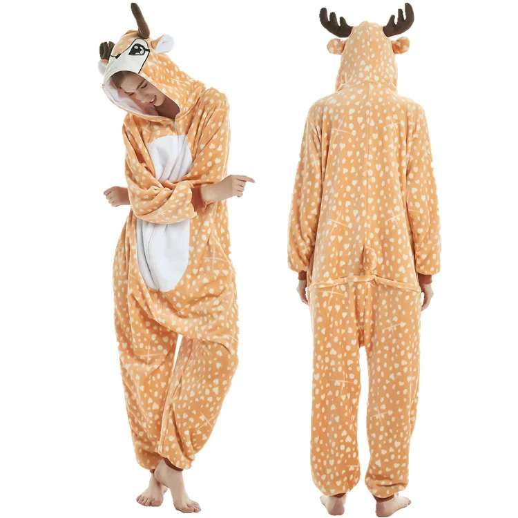 Flannel Adult Kigurumi Deer Onesie Cartoon Pajama Animal Christmas Halloween Party Costume Jumpsuits Hooded Pyjamas Suit Outfit