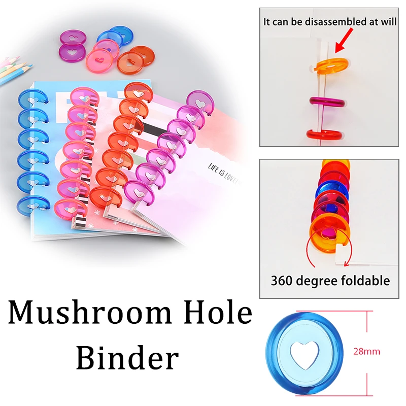 Classeur à trous en forme de champignon, anneaux, disques de reliure, Transparent, coloré, pliable à 360 degrés, fournitures scolaires, bricolage, 28mm, 20 pièces