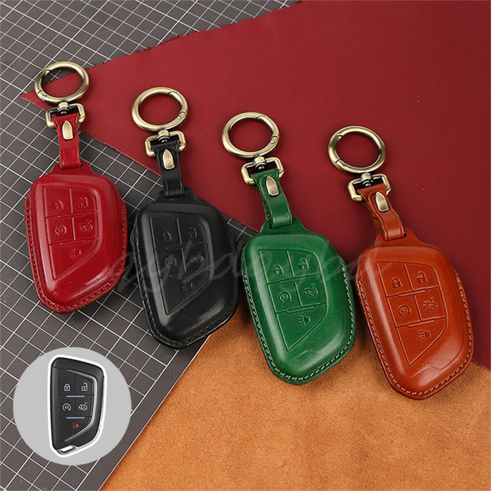 

Genuine Leather Car Key Case Cover Shell Skin Holder Protector Smart Remote Fob For Cadillac CT5 2019 2020 Accessories Styling