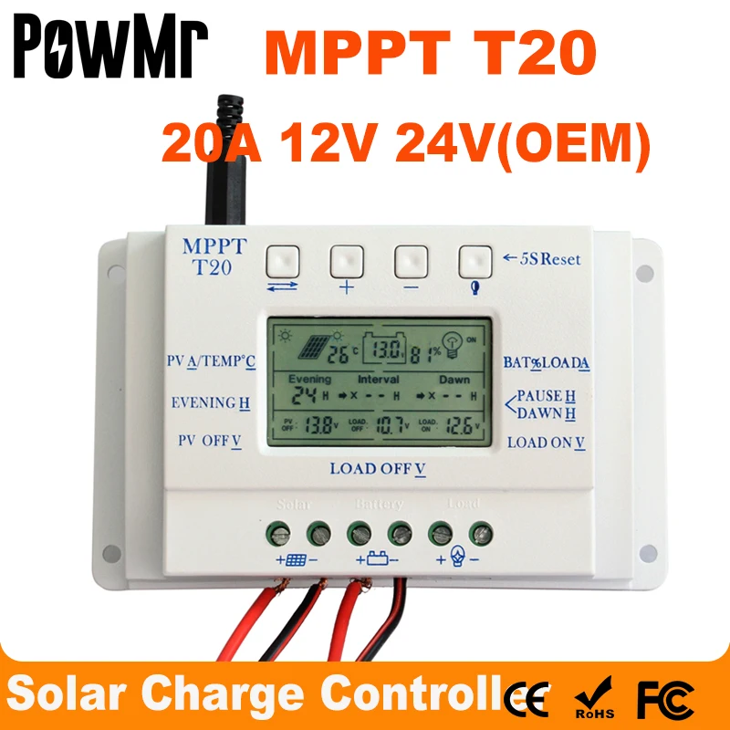 OEM LCD Display 20A MPPT 12V/24V Solar Panel Battery Regulator Charge Controller without Any Logo On Surface T20 LCD Wholesales