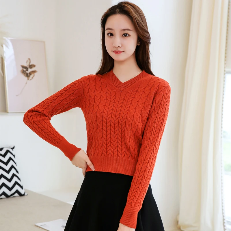 

Women's Trendy Knitted Pullover Sweaters Solid V-Neck Long Sleeves Twisted Pattern Slim Waist Women Knitting Sweaters 2021