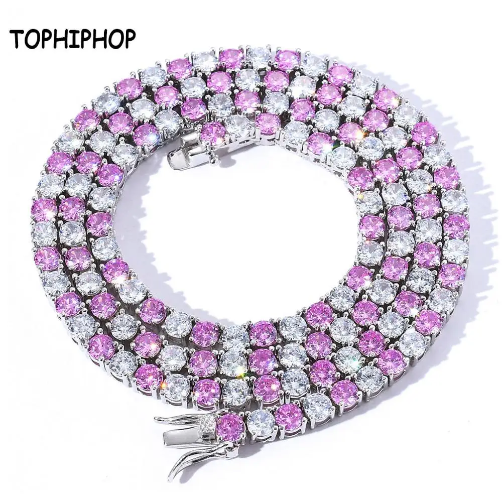 

TOPHIPHOP AAA Zircon 1 Row Tennis Chain Necklace High Quality Iced Out Bling Men's Hip Hop Jewelry Pink White Necklace