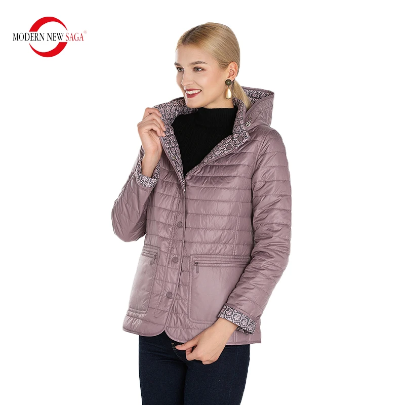 MODERN NEW SAGA Autumn Jacket Women Reversible Jacket Thin Cotton Padded Jacket Hooded Spring Women Coat Puffer Jacket Woman