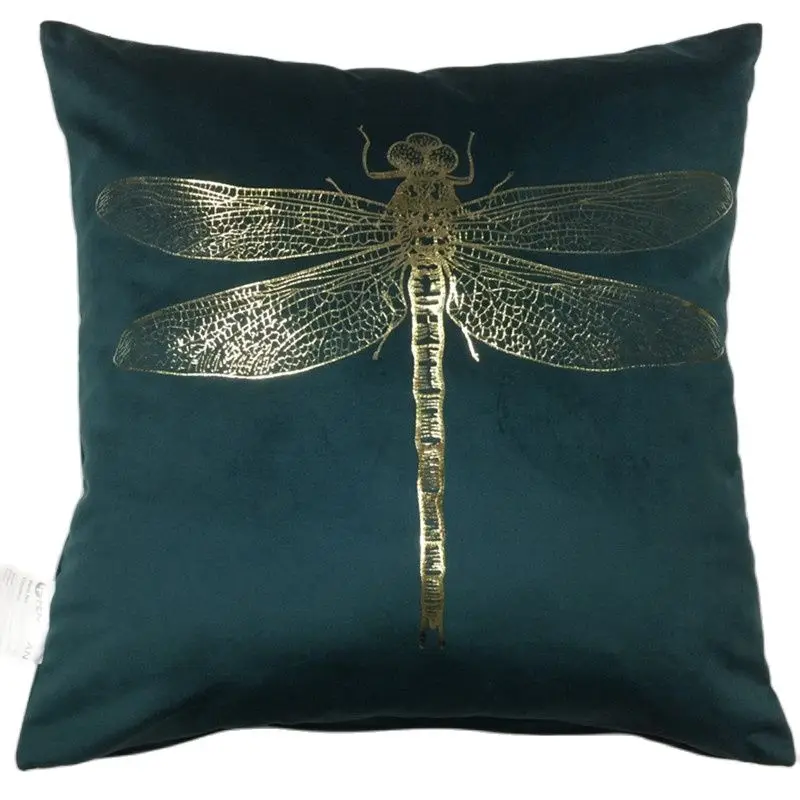 Hot Selling Insect Foil Printing Square Velvet Dragonfly Cushion Cover Gold Stamping Throw Pillowcase Shiny