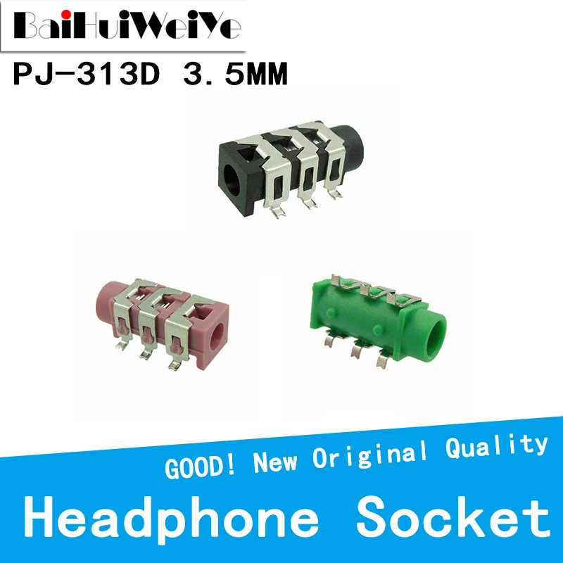 20PCS/LOT PJ313 PJ-313D SMD 6Pin SMT 3.5mm Female Audio Connector Stereo Black and Green Headphone Jack