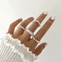 HI MAN 4 Pcs/Set Korean Mixed Handmade Pearl Stone Acrylic Small Round Bead Heart Ring Women Classic Elegant Dating Jewelry