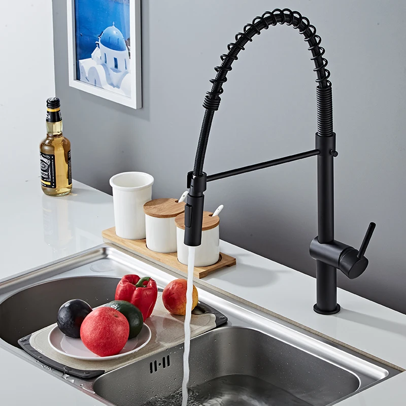 BAKALA Luxury 2 Function Water Outlet LED Kitchen Faucets Brushed Nickel and Black Sink Faucet Pull Out Kitchen Mixer Tap