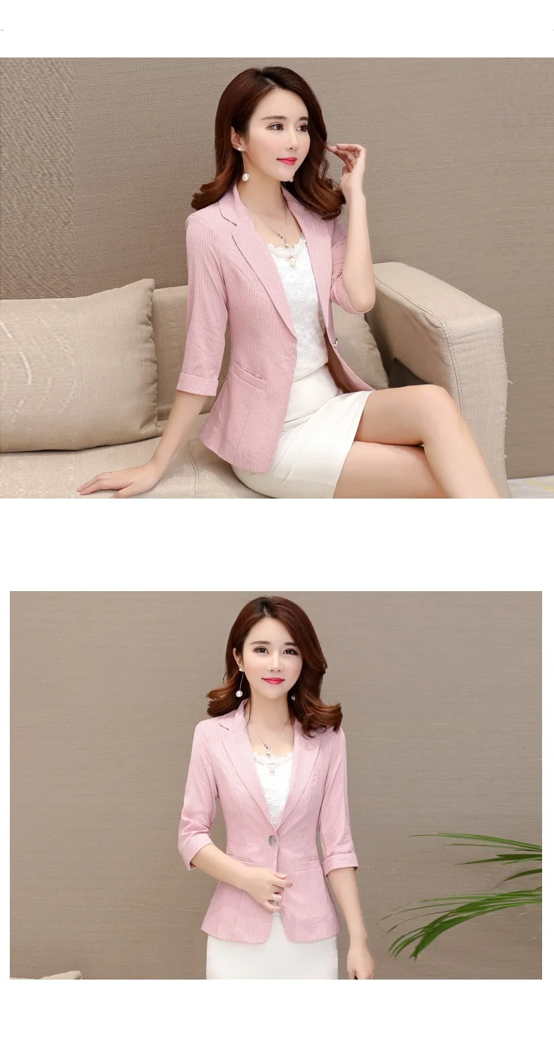 Elegant Women's Stripe 3/4 Sleeve Suit Jacket 2026 Spring Summer Thin Slim Outwear Single Button Female Office Blazer Coat Tops