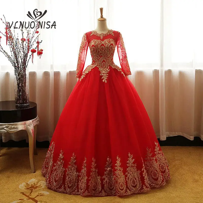 9 Colors Fashion Vintage Sweet Gold Lace Red Ping Wedding Dress Long Sleeve Plus Size Bridal Ball Gown Robe de Mariee