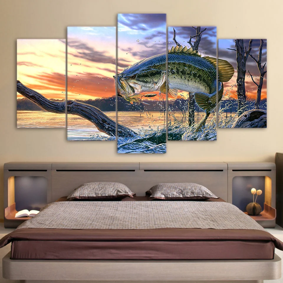 

Canvas Wall Art 5 Pieces Jumping Bass Fishing Posters Modular Pictures Home Decor Living Room Modern Decoration Paintings