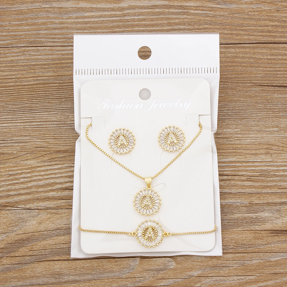 Nidin Hot 26 Letters Jewelry Sets Necklace+Earrings+Bracelet For Women Initial Alphabet Charm Copper Zircon Party Wedding Gift