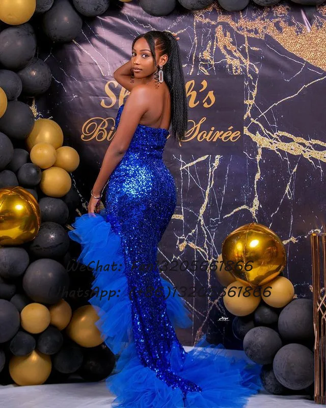 Shining Sequin High-Low Prom Dresses Royal Blue Sexy Strapless V-neck Backless Mermaid Dress Women Party Night Evening Gown