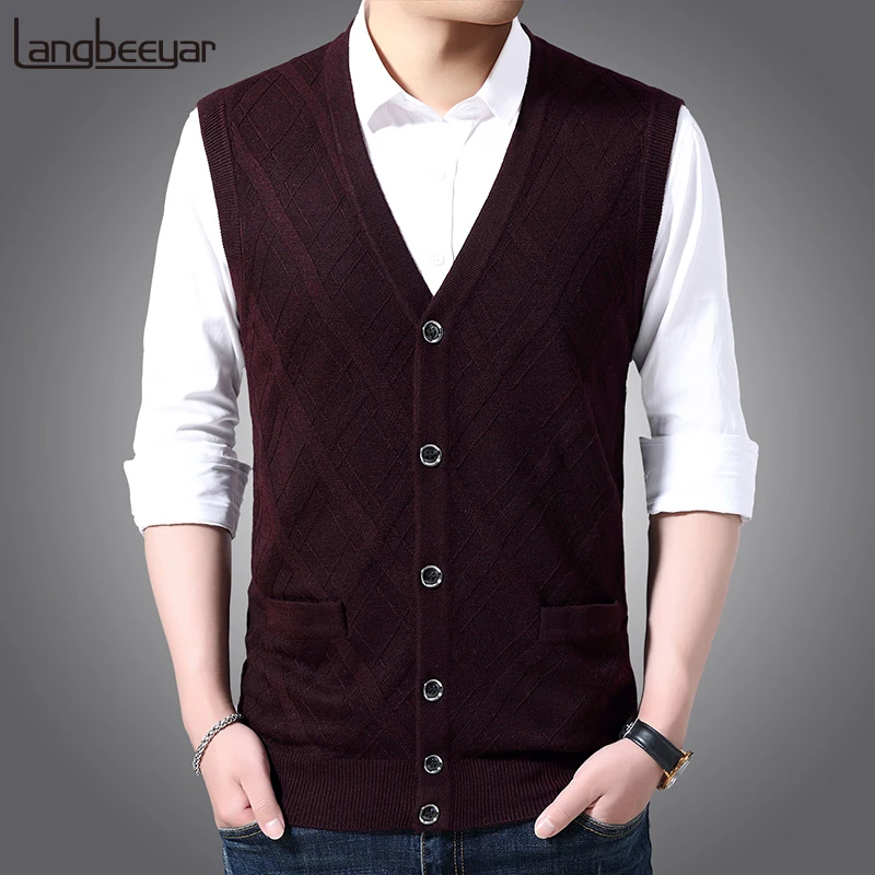 6% Wool Fashion Sleeveless Sweater For Mens Cardigan V Neck Slim Fit Jumpers Knitwear Warm Autumn Vest Casual Clothing Male