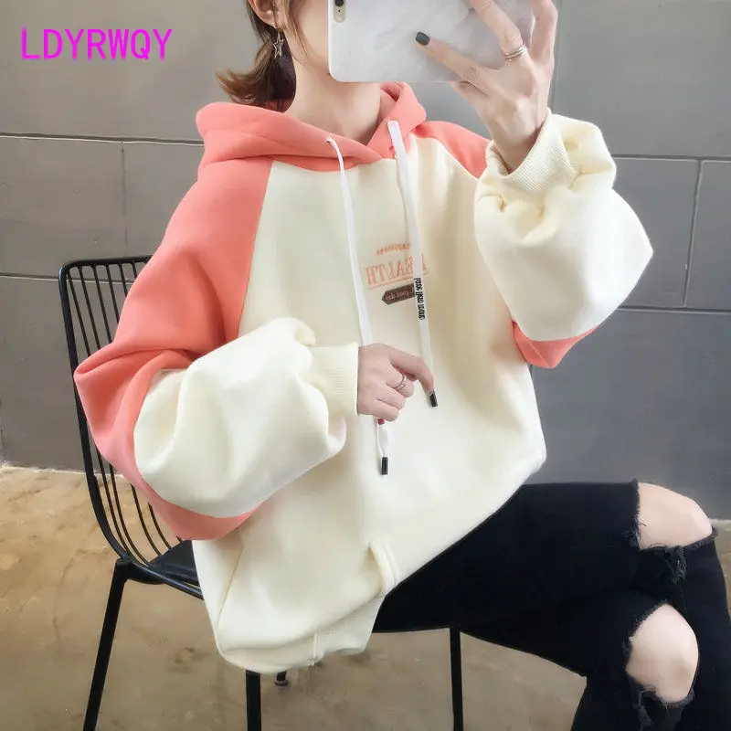 2022 women\'s hooded sweater autumn and winter Korean style loose and velvet lazy student