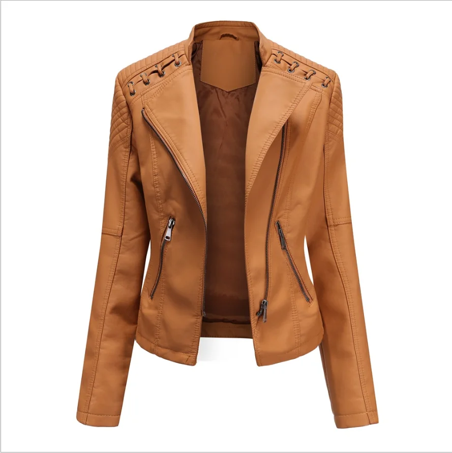 Spring and Autumn Women\'s High Quality Ladies Zipper Leather Jacket Spring Fashion Slim Short Jacket Ladies Motorcycle Jacket