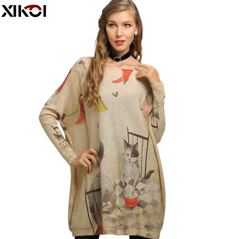 Suéter con estampado de gato para mujer, vestidos de gran tamaño, jersey de tela suave a la moda, novedad de primavera e invierno, 2021