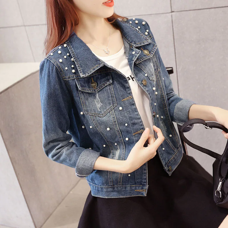 Jaket Denim Wanita Lengan Panjang Mutiara Ramping Manik-manik Jaket Jeans Musim Semi Musim Gugur Mantel Jeans Denim Wanita