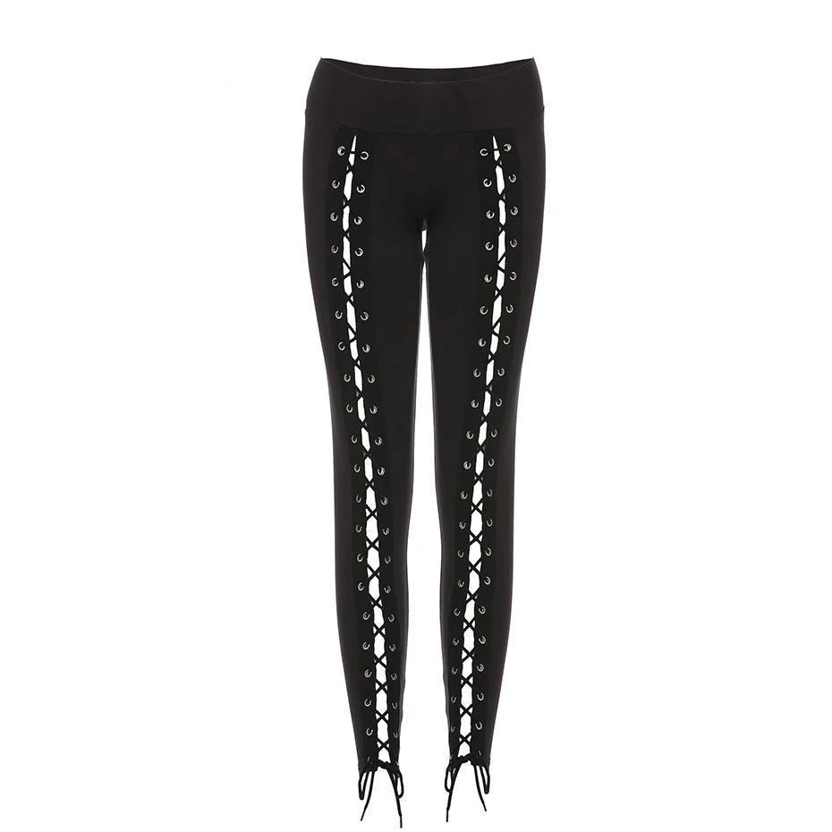 

Leggings Pants Bandage Women Spring Black Slim Lace-Up Streetwear Skinny Fashion Sexy Casual Harajuku Goth Pants