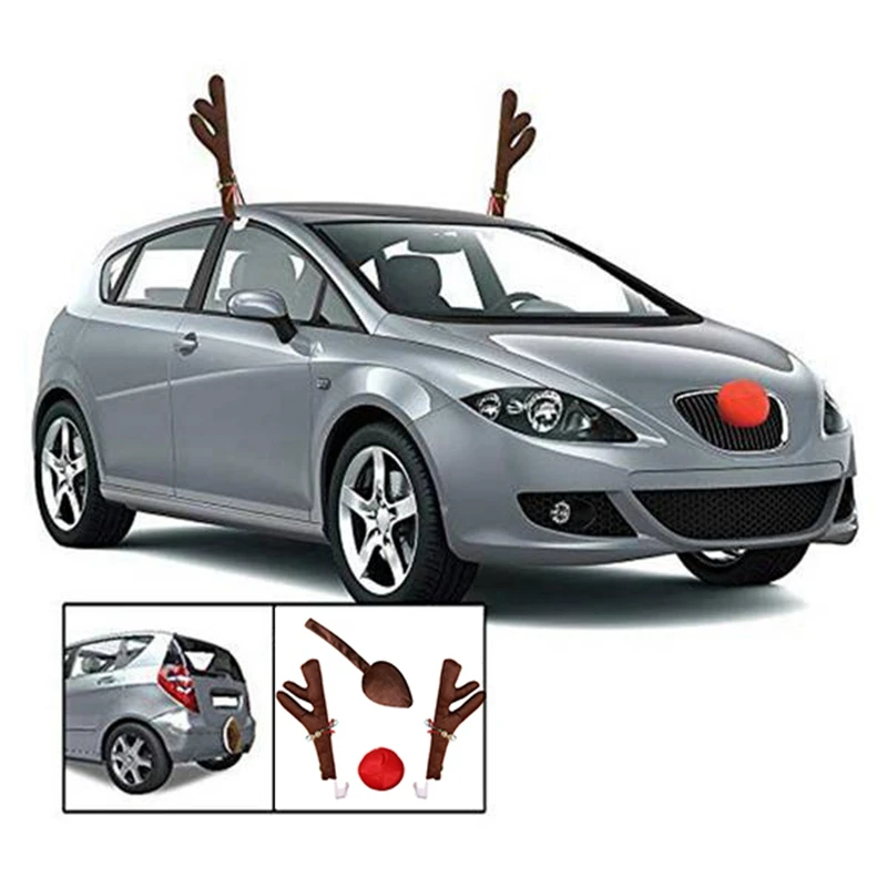 Reindeer Decoration Car Vehicle Nose Horn Costume Set Rudolph Christmas Reindeer Antlers Red Nose Ornaments Elk Antlers