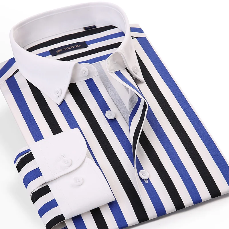 Men's Contrast Collar Striped Long Sleeve Button Down Dress Shirt Pocketless Design Slim Casual Striped Blouse White Cuff Shirts