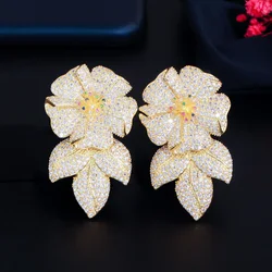 CWWZircons Shiny CZ Flower Drop Luxury Long Big Earrings for Women African Dubai Gold Color Bridal Wedding Costume Jewelry CZ907